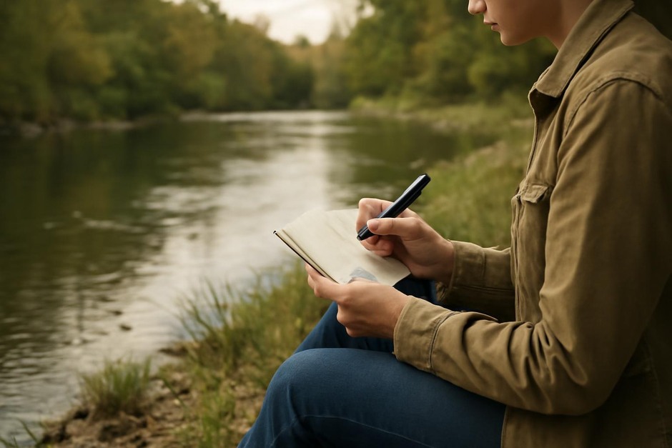 Person making notes beside a slow riverbank with a small notebook and pen