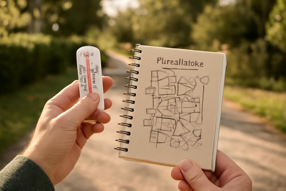 A hand holding a small thermometer and notebook beside a sunlit path
